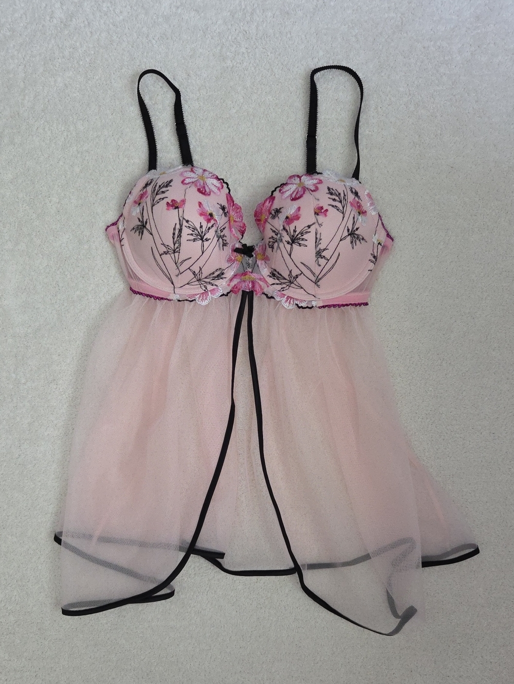 Victoria's Secret Pink Floral Embroidered Babydoll with Black Trim
